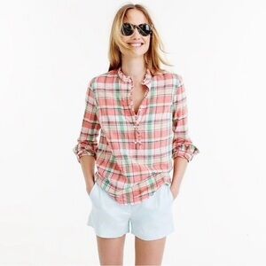 J. Crew Coral, Mint and Navy Plaid Ruffle Collar Blouse
